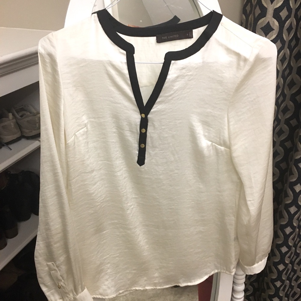 White silky blouse, black trim, gold buttons